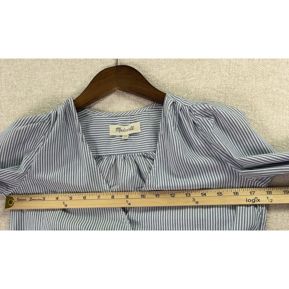 Madewell Women's Top Size XXS Wrap Front Tie Blue White 3/4 Sleeves 100% Cotton - Picture 6 of 8